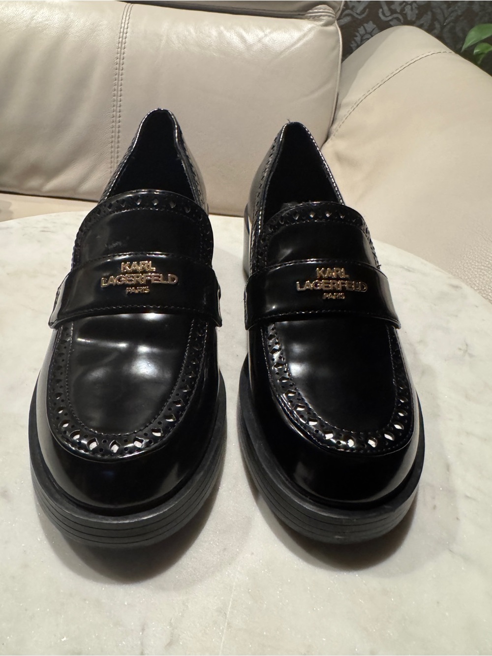 Karl Lagerfeld Black Patent Leather Penny Loafers with Gold Logo